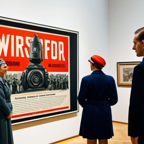 Propaganda Poster Analysis**

"A museum exhibit featuring a Nazi propaganda poster, focusing on its visual elements and messaging, fully clothed visitors observing, appropriate content, safe for work, professional photography, perfect anatomy, natural proportions, educational context, high quality."

**