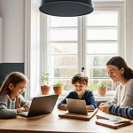 역사 속 전염병과 사회 변화 - **Prompt:** A modern Italian family of four (two adults, two children aged 8 and 12, dressed in comf...