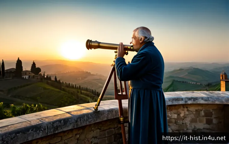 Home 28 과학 혁명과 역사적 전환점 - Photorealistic Renaissance-era Italian observatory at dawn, an elderly astronomer in modest 17th-cen...